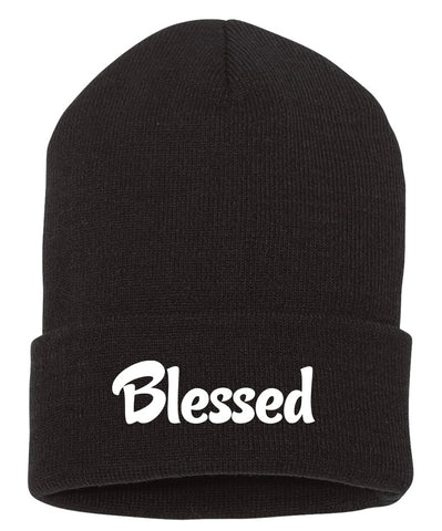 Black hypoallergenic acrylic cuffed Beanie written "blessed" in a white font as a reminder of gratitude and positivity.